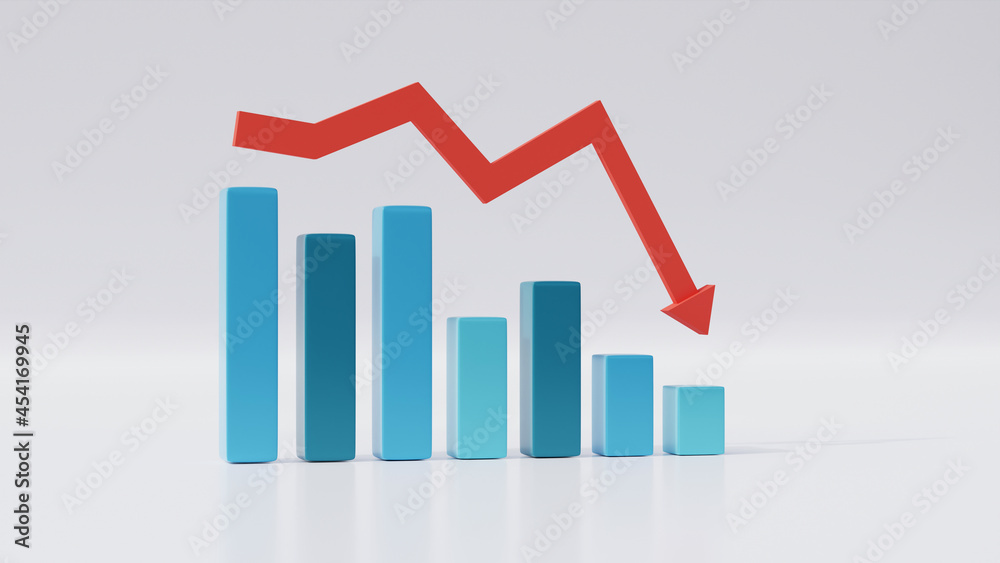 3d isolated bar chart decrease with reflection business growth or stock fall with red downtrend arrow, statistics forecast, financial profit 