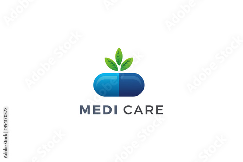 Medicare medical health 3d natural capsule modern medicine logo