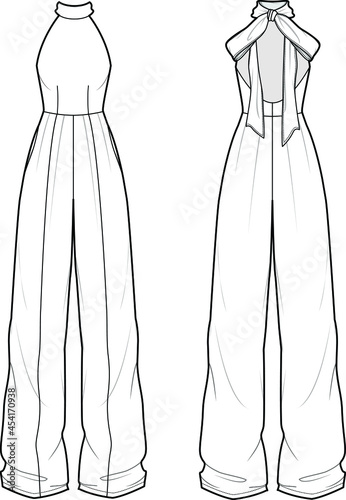 Fototapet Women's halter neck jumpsuit fashion flat sketch vector Illustration