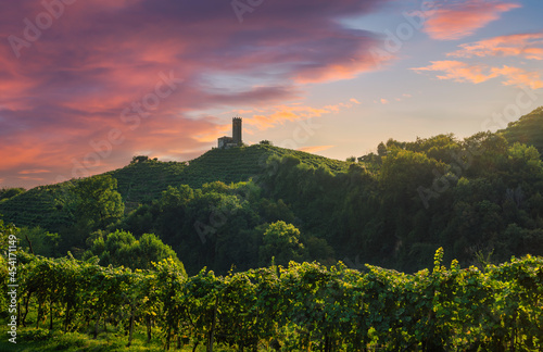 Prosecco Hills, vineyards and San Lorenzo church. Unesco Site. Veneto, Italy