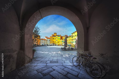 Lucca, Piazza dell' Anfiteatro square from entrance arch. Tuscany, Italy