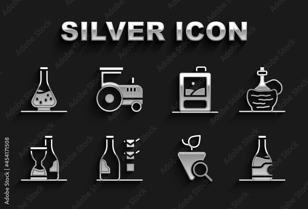 Set Bottle of wine, Wine italian fiasco bottle, Grapes, Cardboard box, Decanter for and Tractor icon. Vector Set Bottle of wine, Wine italian fiasco bottle, Grapes, Cardboard box, Decanter for and Tractor icon. Vector