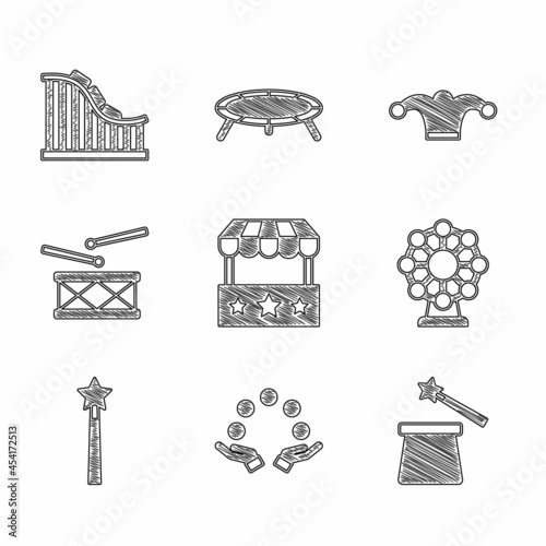 Set Ticket box office, Juggling ball, Magic hat and wand, Ferris wheel, Drum with drum sticks, Jester bells and Roller coaster icon. Vector