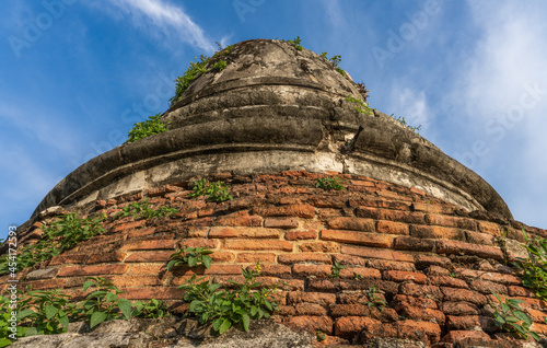 Looking up at pagodas in Ayutthaya historical park, Thailand