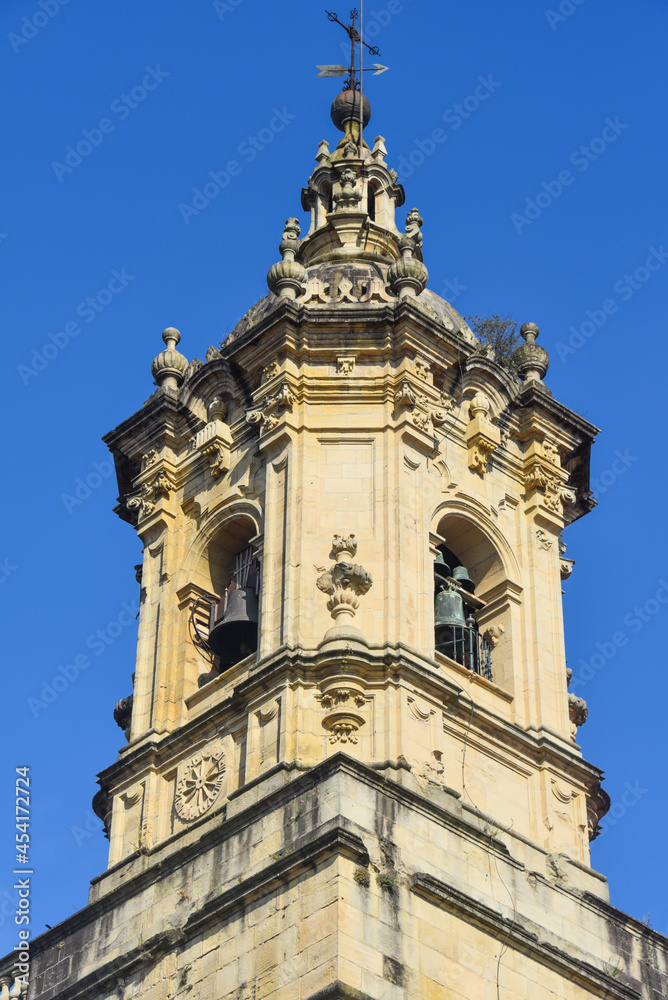 Hondarribia, Spain - 29 Aug 2021: The tower of the Church of Santa Maria in old town Hondarribia, Basque Country, Spain
