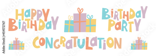 Congratulations colorful with Happy birthday full color. Design elements Cute letterng hand draw style