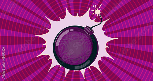 a bright pink bomb with a burning fuse. pop art illustration. bright purple shades, comic style image. an object against the background of an explosion. a cannon charge. a lit fuse.