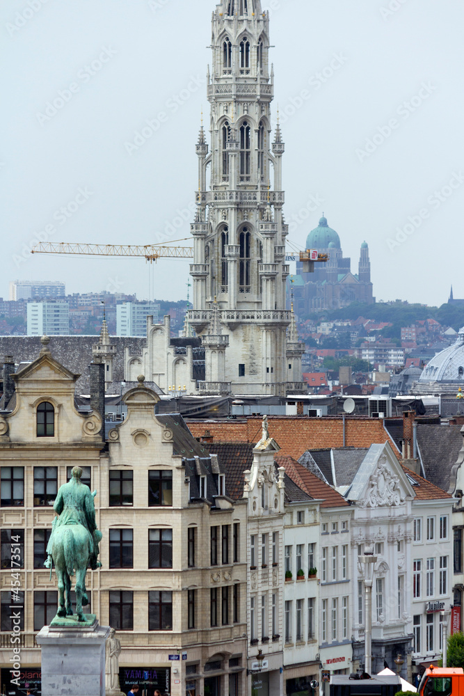 View of the tower of the Brussels Town Hall from the Mont des Arts Garden