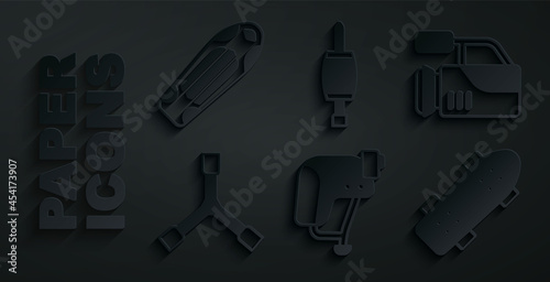 Set Skateboard helmet, Cinema camera, Y-tool, Screwdriver and deck icon. Vector