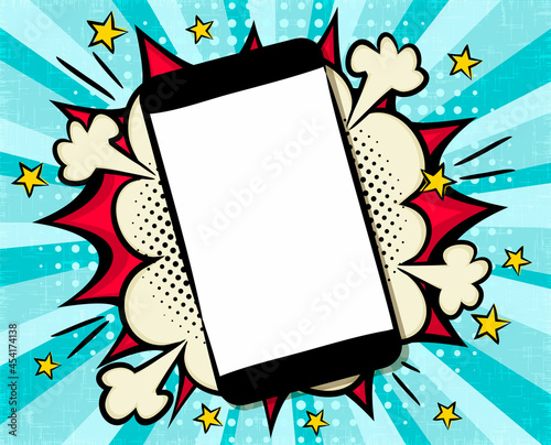 Comic bright banner with mobile phone on explosion background. Bubbles, smartphone and stars in pop art style. Template for web design, banners, cards, coupons and posters. Vector illustration