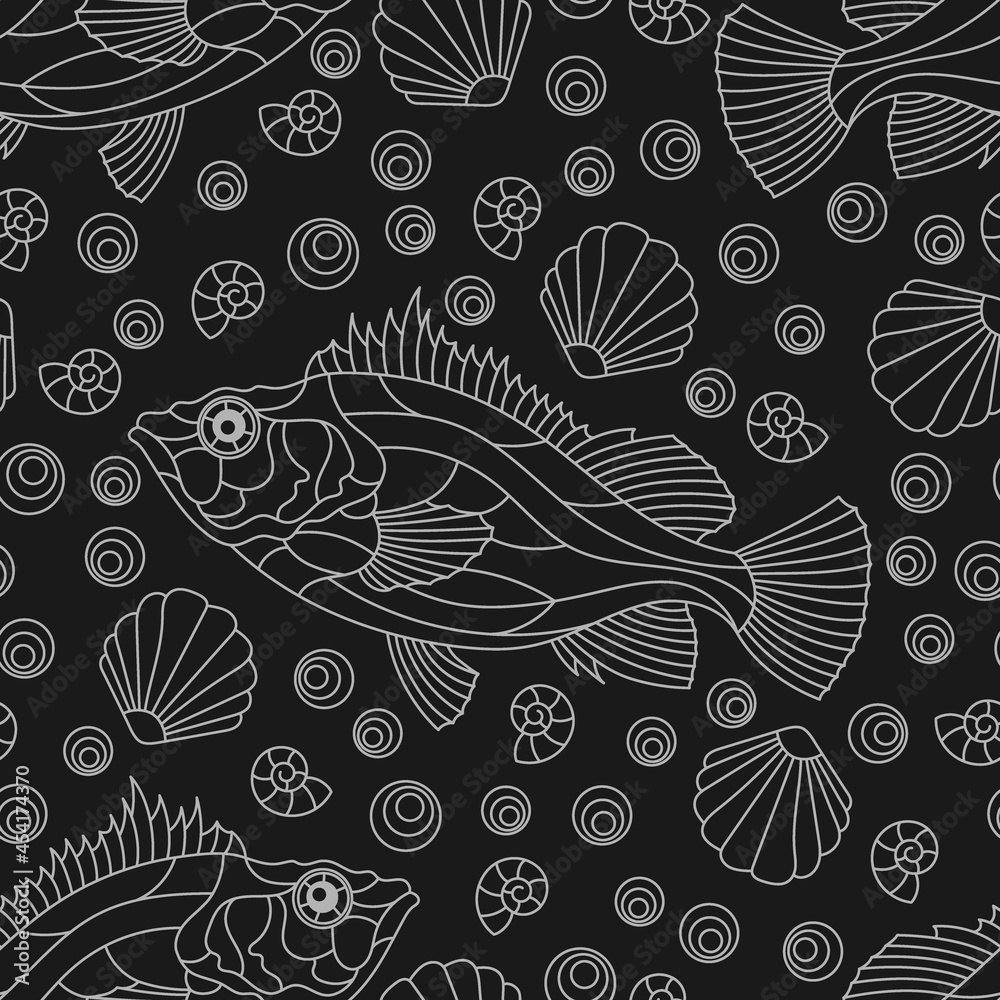 Seamless pattern on a marine theme with light contour fish and shells, outline fish on a dark background Seamless pattern on a marine theme with light contour fish and shells, outline fish on a dark background
