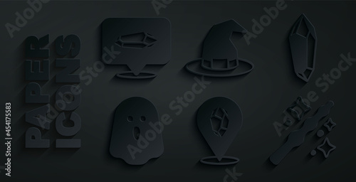Set Magic stone, Ghost, wand, Witch hat and icon. Vector