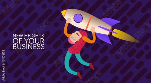 A man flies holding on to a rocket upside down to the heights of business