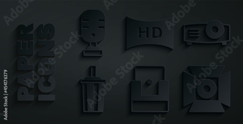 Set Cinema chair, Movie, film, media projector, Paper glass with water, spotlight, Hd movie, tape, frame and Microphone icon. Vector