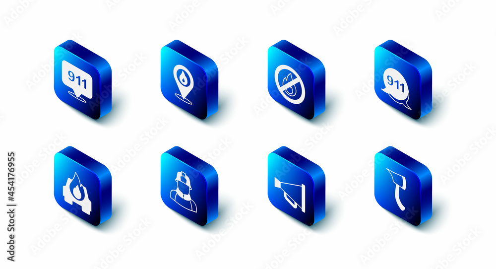 Set Location with fire flame, No, Emergency call 911, Firefighter axe, Megaphone, Burning car and icon. Vector