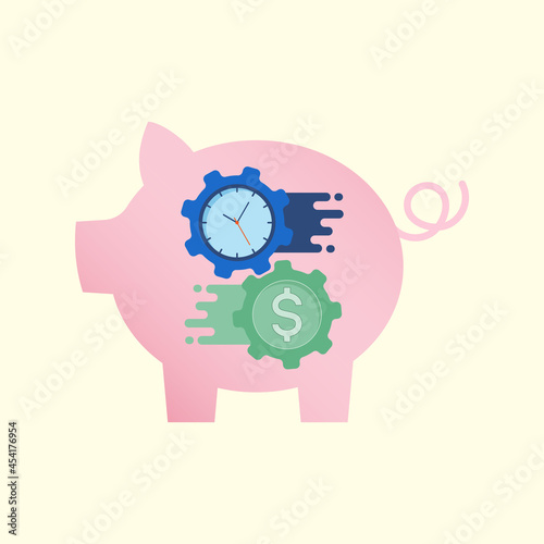 Time and money gears turning inside piggy bank as a gimmick of financial success mechanism. Conceptual illustration of time is momey. Vector illustration outline flat design style.