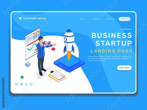 Isometric business people with rocket and chart. Business landing page illustration template.