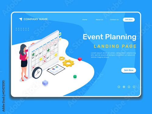 Isometric Event Planing Illustration with business people. Business landing page illustration template.