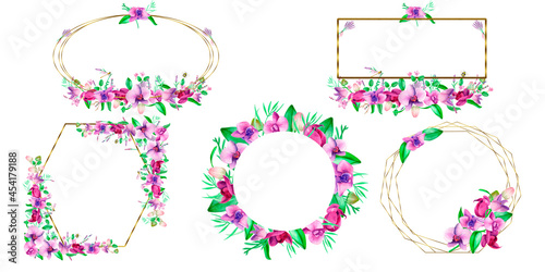 Watercolor gold frame. An orchid wreath of hand-painted lavender leaves and orchid flowers .Lavender purple wedding design.Cute insects on the leaves.Suitable for the design.