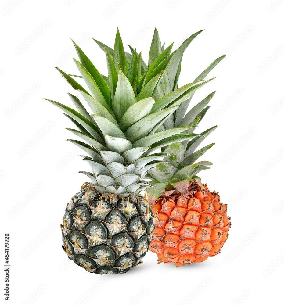 two pineapple fruits yellow and green color .Summer fruits for healthy lifestyle. Organic fruit isolated on a white background .