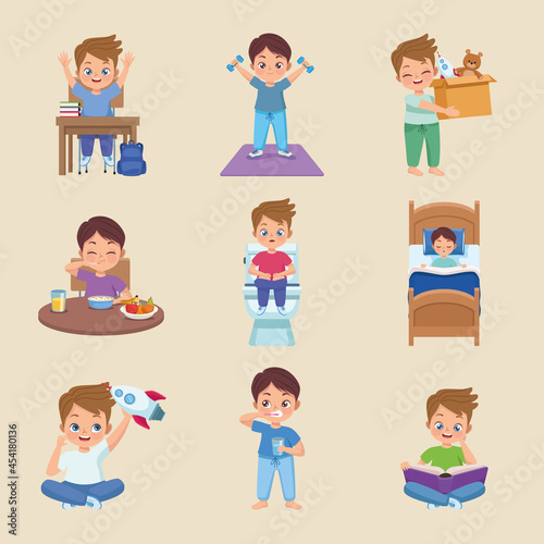 nine kids practicing activities