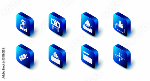 Set Sport mechanical scoreboard, Yacht sailboat, Winner podium, Kayak and paddle, Diving springboard, Aqualung and Wetsuit for scuba diving icon. Vector