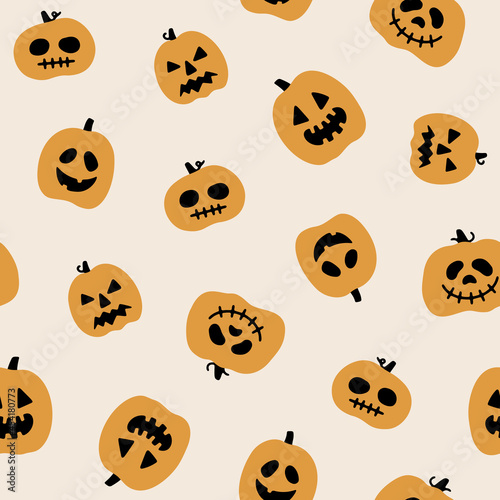 Hand drawn seamless vector pattern with Halloween pumpkins with different funny faces. Cute vector background for decorative design, holidays and Halloween. Trendy spooky illustration, flat style