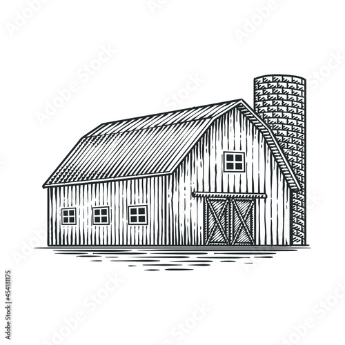 red wooden barn engraved illustration