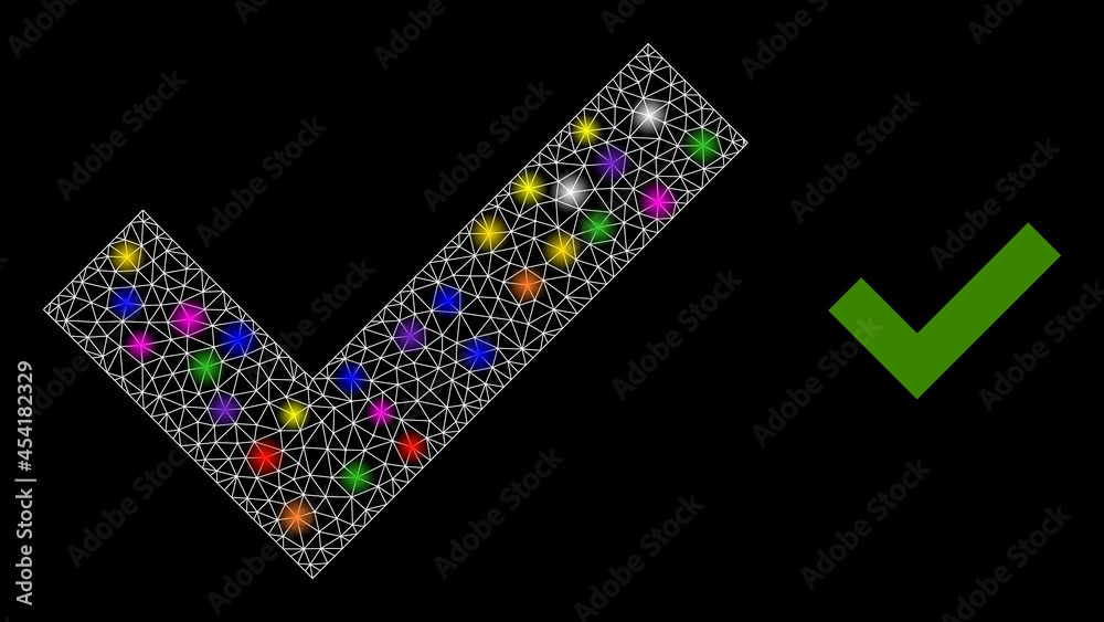 Glowing mesh yes tick constellation icon with lightspots. Illuminated vector constellation based on yes tick icon. Sparkle carcass polygonal yes tick on a black background. Glowing mesh yes tick constellation icon with lightspots. Illuminated vector constellation based on yes tick icon. Sparkle carcass polygonal yes tick on a black background.