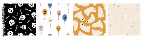 Hand drawn collection of Halloween vector seamless patterns. Ghosts, skulls, bats, pumpkins, candies. Trendy and spooky repeatable background for Halloween and autumn holidays. Flat festive graphics