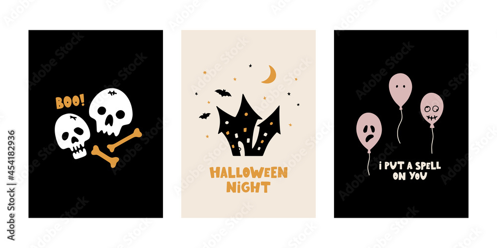Hand drawn collection of Halloween vector cards. Funny and spooky posters for Halloween party and autumn design. Ghosts, pumpkins, skulls, bats, spiders. Flat vector festive illustration