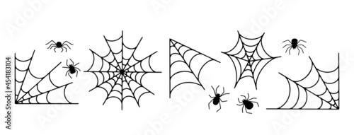 Hand drawn vector Halloween illustration with spiders and spider web isolated on white background. Spooky and creepy vector elements for Halloween party and autumn holidays. Flat cartoon graphics