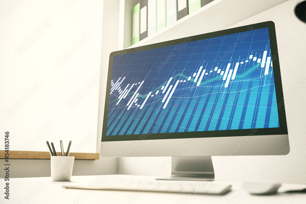 Abstract creative financial graph on modern laptop monitor, forex and investment concept. 3D Rendering Abstract creative financial graph on modern laptop monitor, forex and investment concept. 3D Rendering