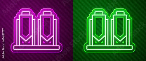 Glowing neon line Traditional brewing vessels in brewery icon isolated on purple and green background. Beer brewing process. Distillery plant, brewery. Vector