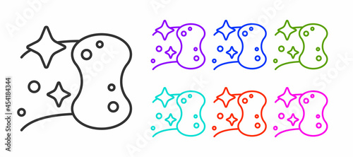 Black line Sponge icon isolated on white background. Wisp of bast for washing dishes. Cleaning service logo. Set icons colorful. Vector