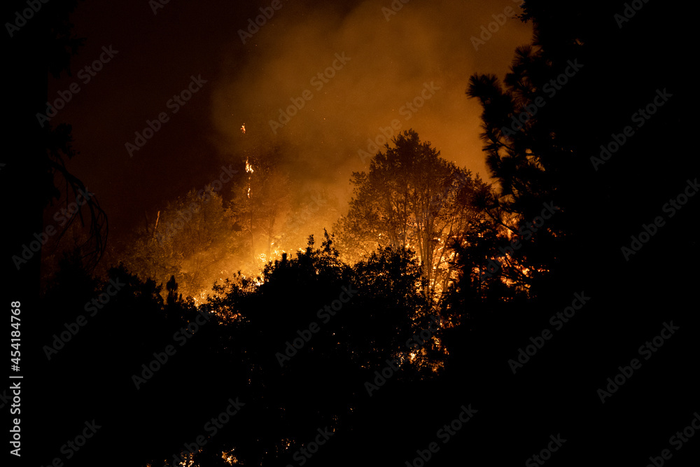 Naklejka premium Flames approaching Highway 50 during Caldor Fire in California