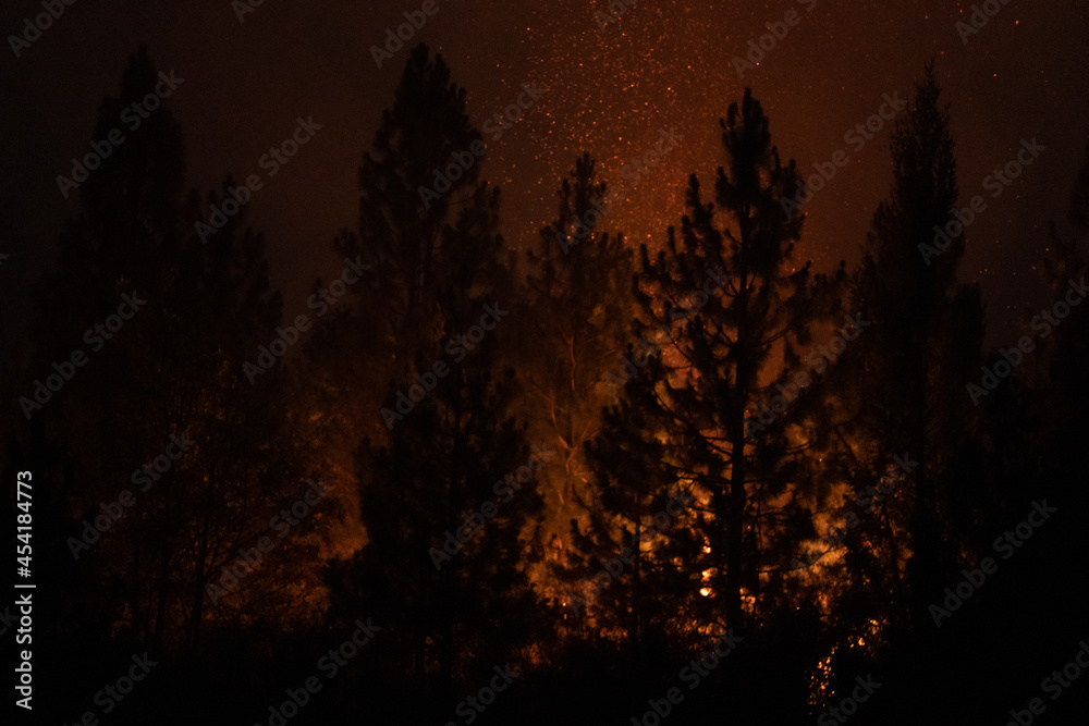 Fototapeta premium Flames approaching Highway 50 during Caldor Fire in California