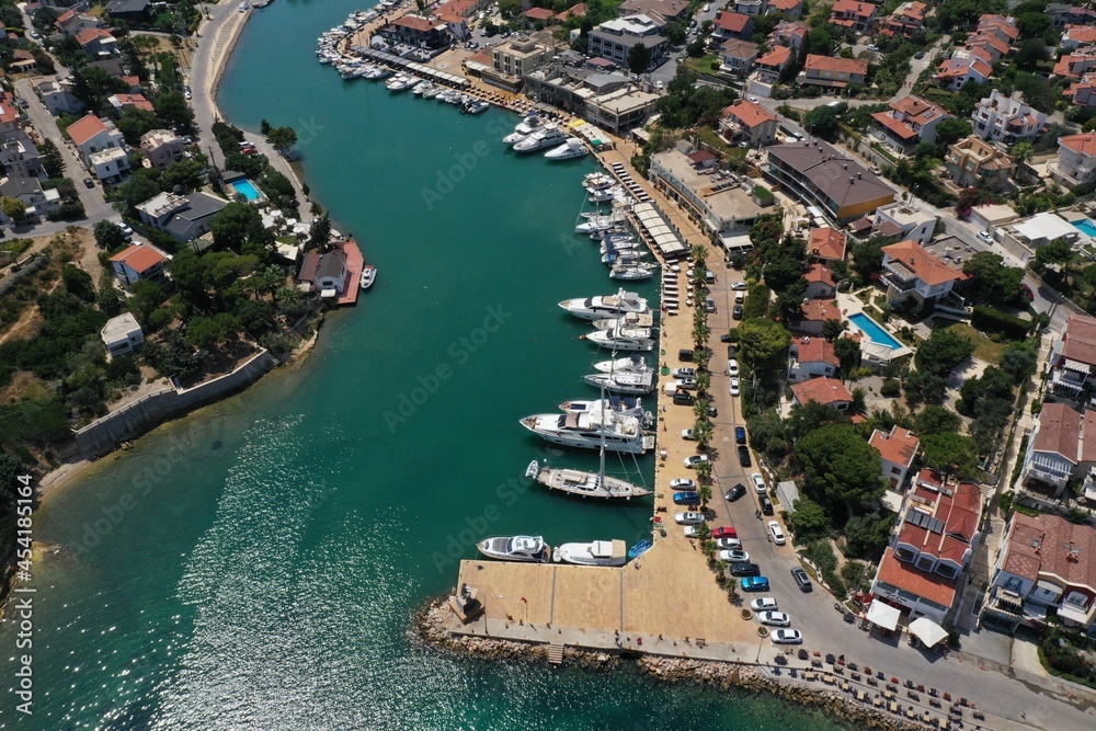 aerial view of luxury yachs on the sea