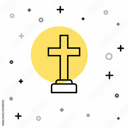 Black line Man graves funeral sorrow icon isolated on white background. The emotion of grief, sadness, sorrow, death. Random dynamic shapes. Vector