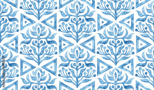 Seamless moroccan pattern. Hexagons vintage tile. Blue and white watercolor ornament painted with paint on paper. Handmade. Print for textiles. Seth grunge texture.