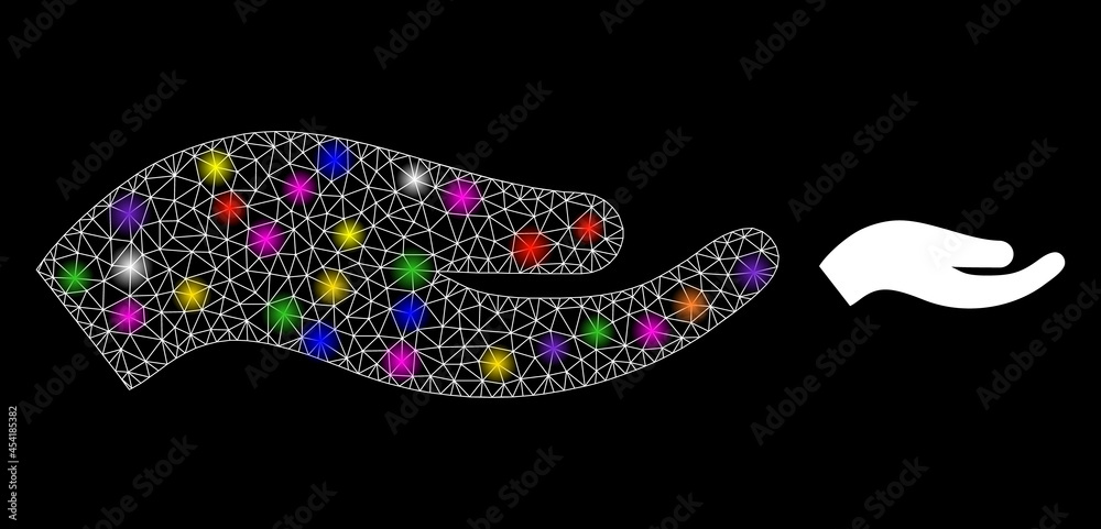 Obraz premium Bright net petition hand constellation icon with lightspots. Illuminated vector constellation based on petition hand glyph. Sparkle carcass polygonal petition hand on a black background.