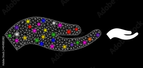 Bright net petition hand constellation icon with lightspots. Illuminated vector constellation based on petition hand glyph. Sparkle carcass polygonal petition hand on a black background.