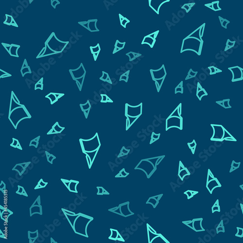 Green line Skate park icon isolated seamless pattern on blue background. Set of ramp, roller, stairs for a skatepark. Extreme sport. Vector