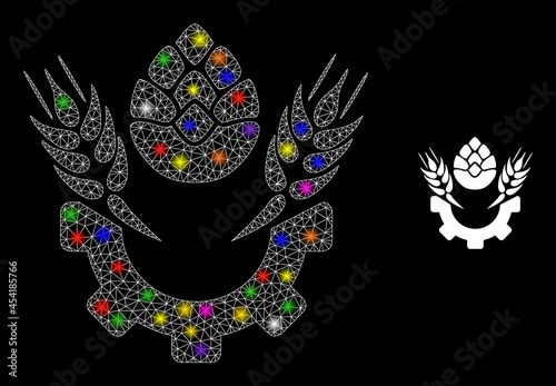 Glossy mesh beer industry constellation icon with light spots. Illuminated vector model is created from beer industry glyph. Sparkle carcass mesh beer industry on a black background.