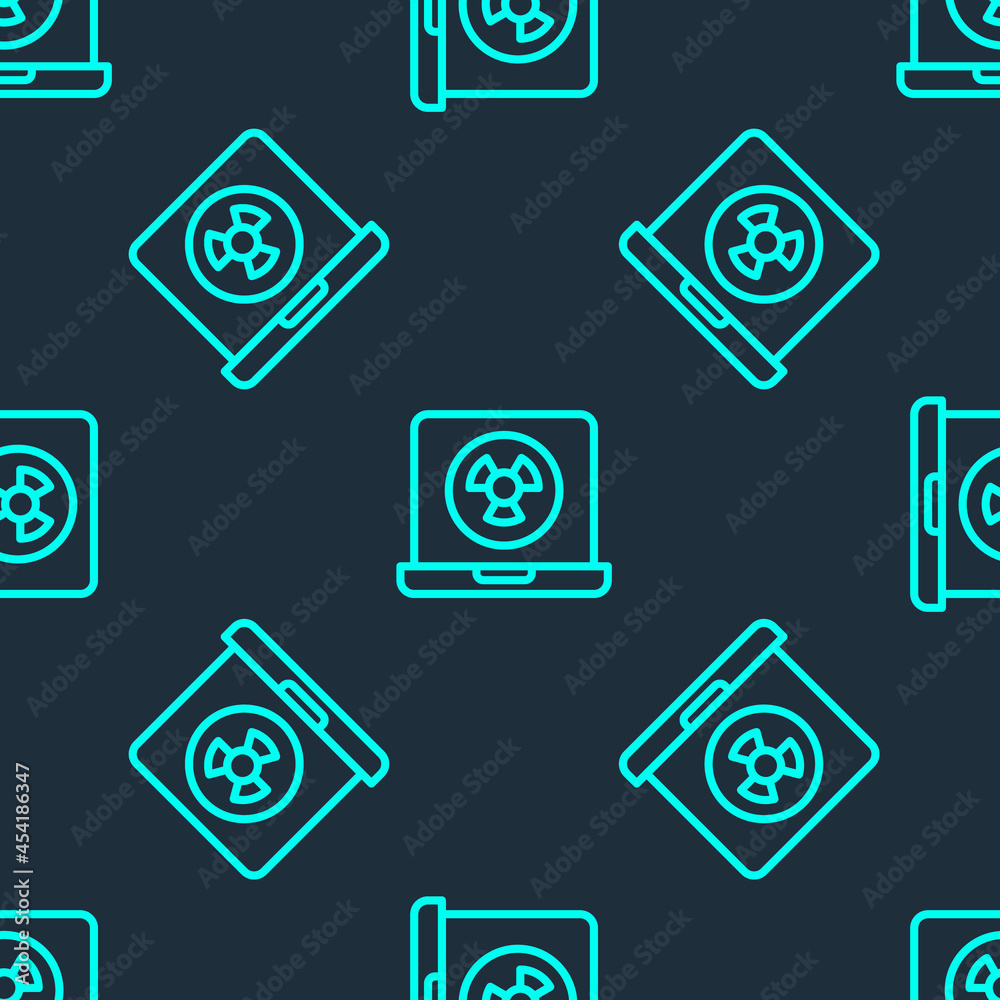 Green line Nuclear laptop icon isolated seamless pattern on blue background. Vector Green line Nuclear laptop icon isolated seamless pattern on blue background. Vector