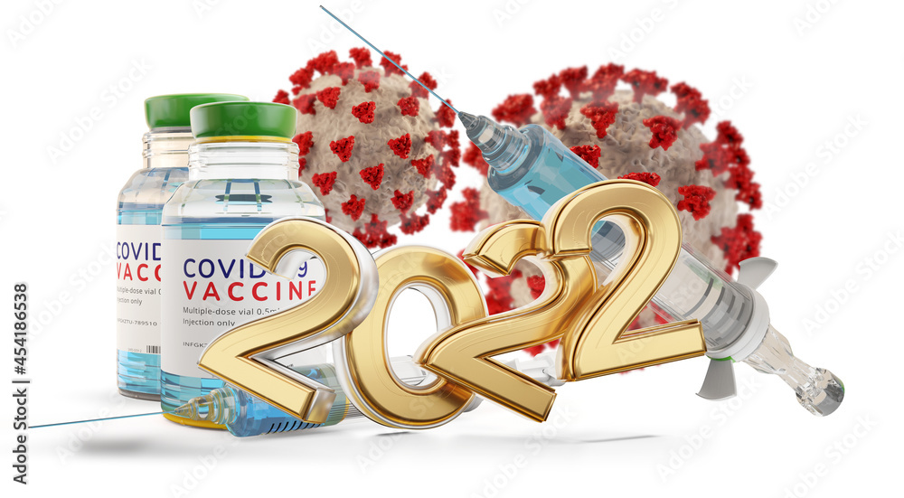 Obraz premium 2022 Coronavirus Covid-19 Vaccination bottles and syringe 3d-illustration