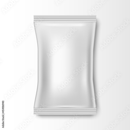 Blank plastic foil bag for packaging design, mockup template for food snack, vector illustration