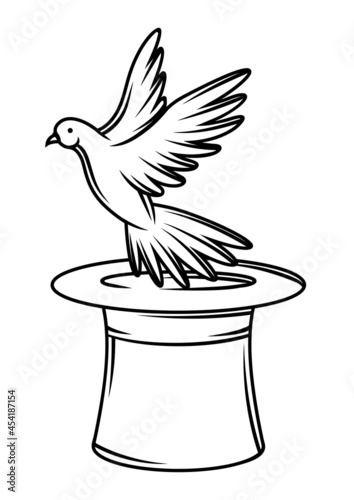 Magician cylinder from which pigeon fly out. Trick or magic illustration.