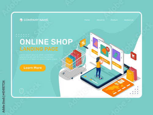 Online shop landing page illustration with woman and product list.