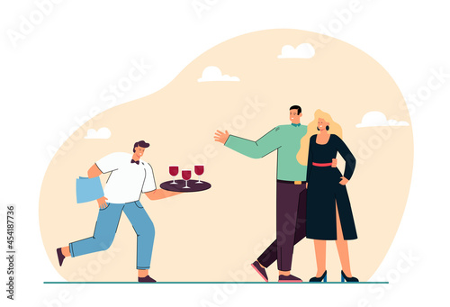 Cartoon waiter offering wine to couple in formal clothes. Staff serving man and woman on social event flat vector illustration. Restaurant service, celebration concept for banner or landing web page